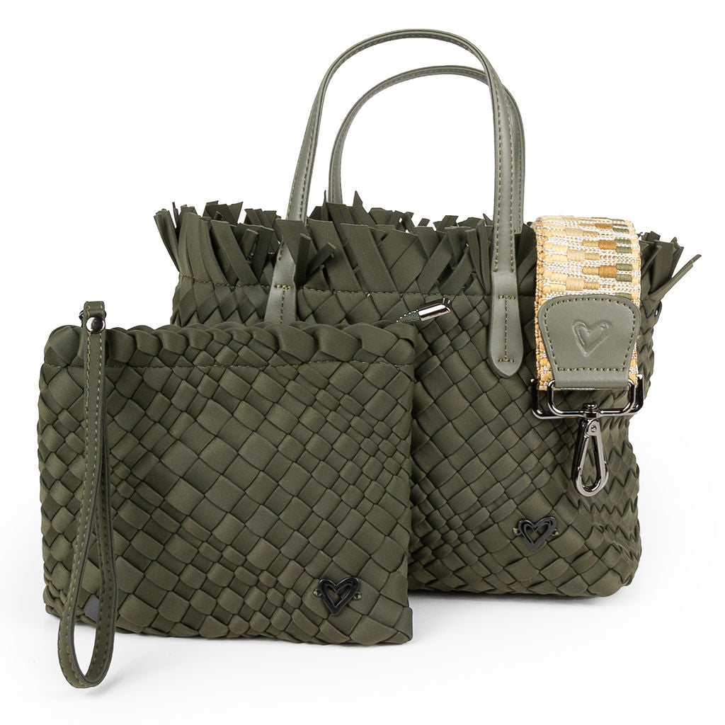 Taunton Small Woven Tote (Fringed Top) - Olive