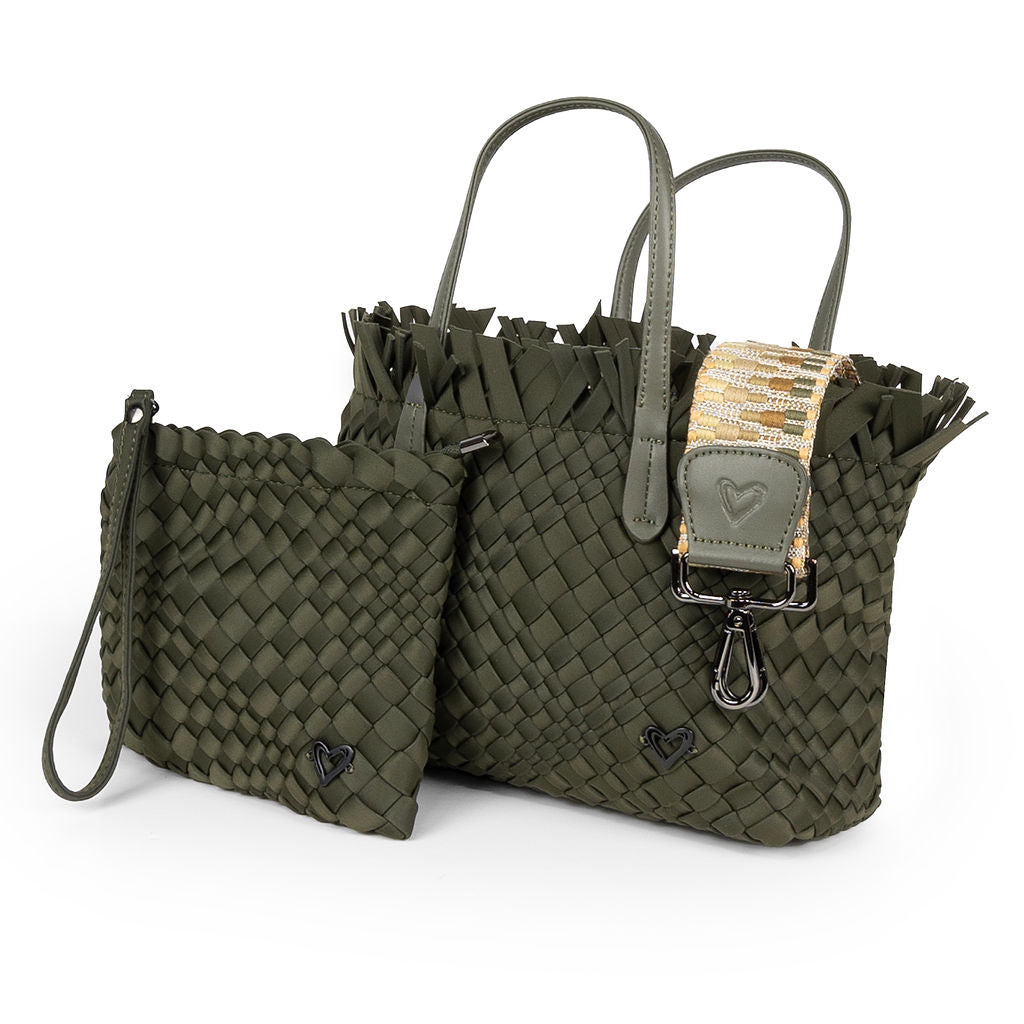 Taunton Small Woven Tote (Fringed Top) - Olive