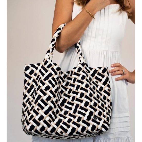 London Large Woven Tote - Tri Mix Black, Tan & White preneLOVE®