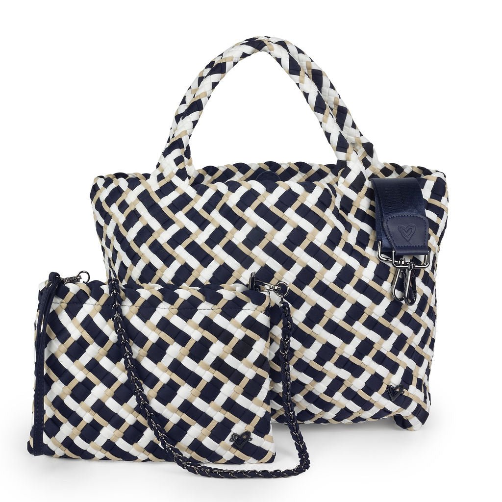 London Large Woven Tote - Tri Mix Navy, Tan & White preneLOVE®