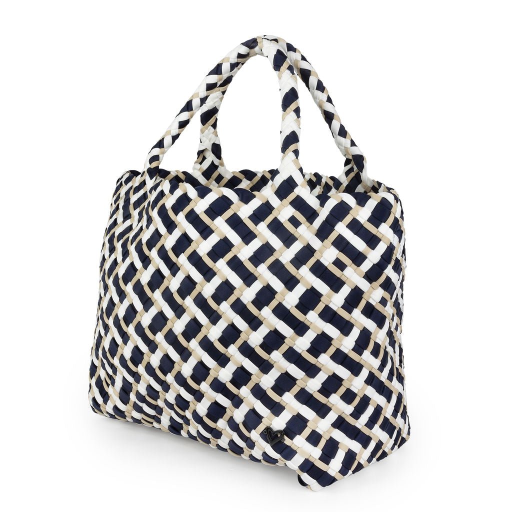 London Large Woven Tote - Tri Mix Navy, Tan & White preneLOVE®