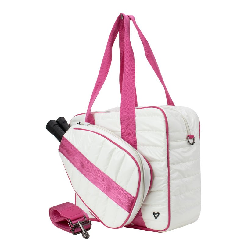 NEW: Pickleball Sport Bag - White & Pink (sleeve holds 2 paddles) preneLOVE®